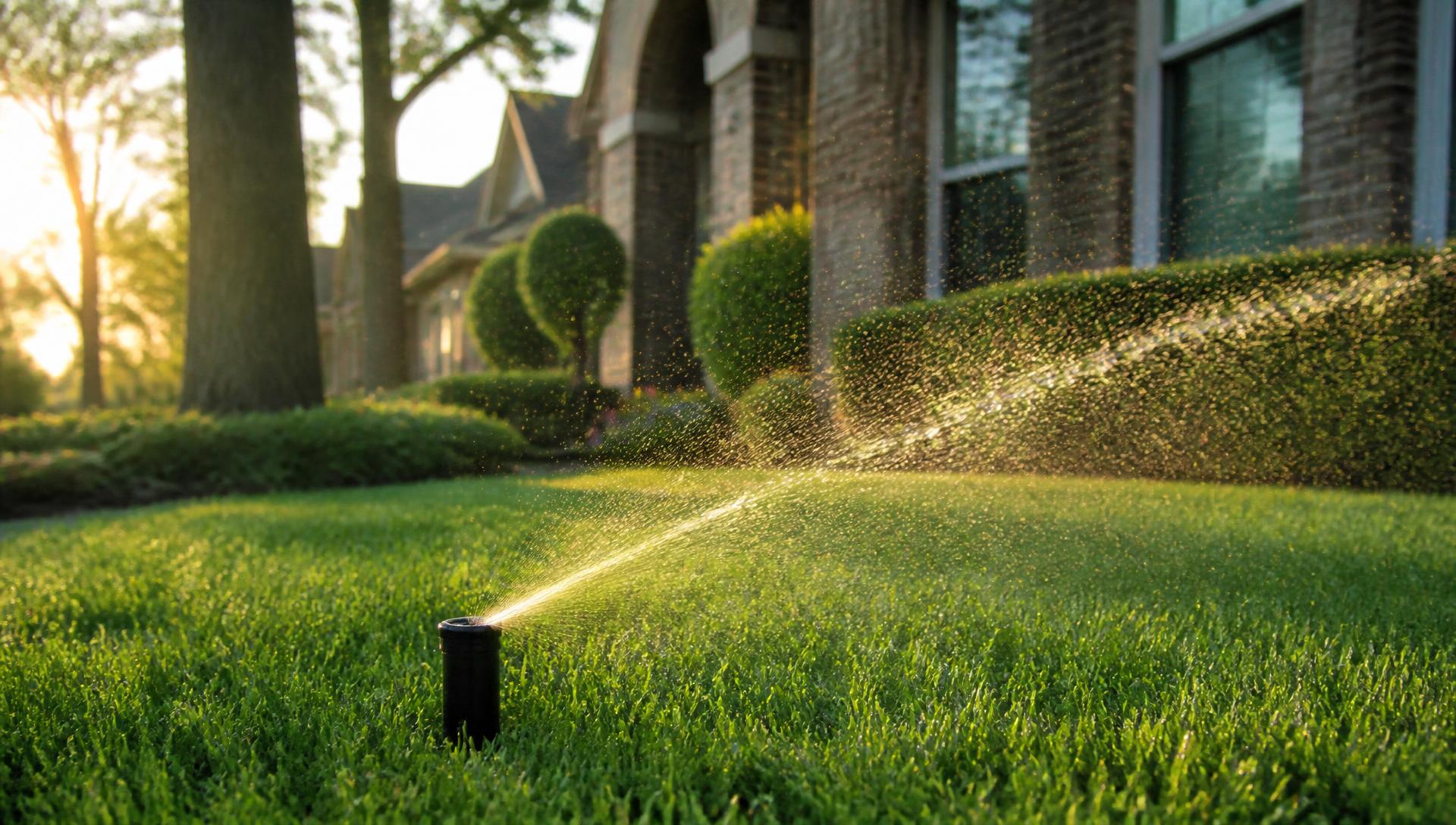 Sprinkler head watering a green Houston lawn at sunset