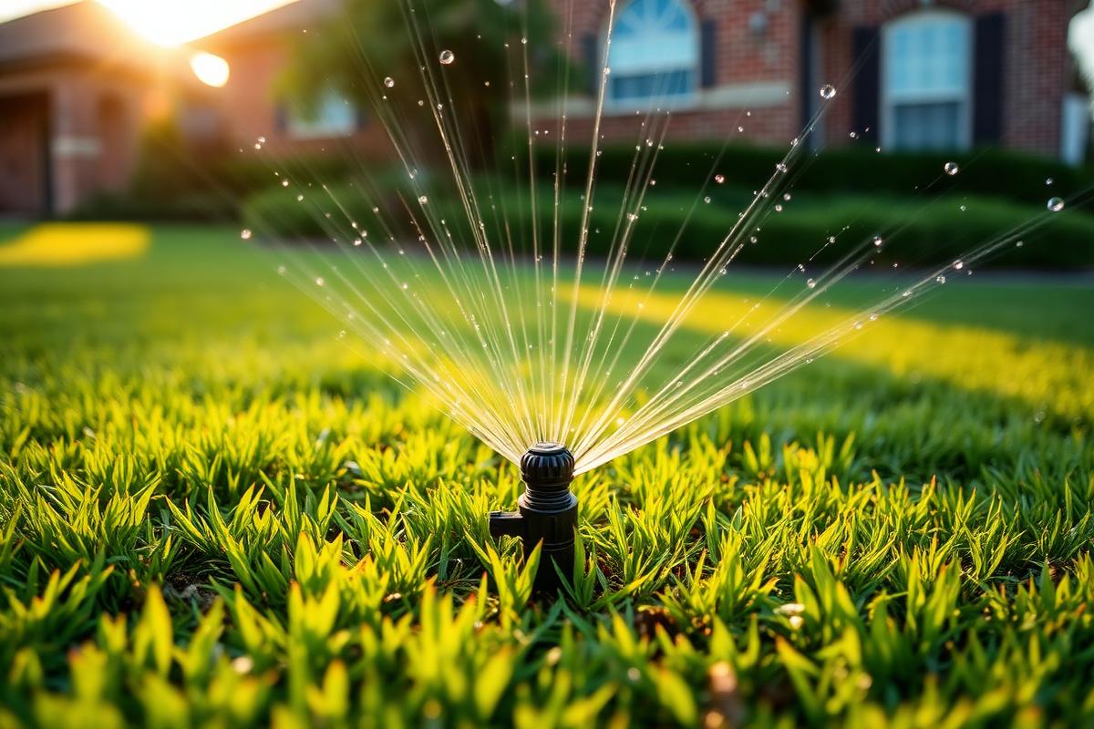 Rotor sprinkler head watering a St. Augustine lawn in Pasadena, TX (Harris County)