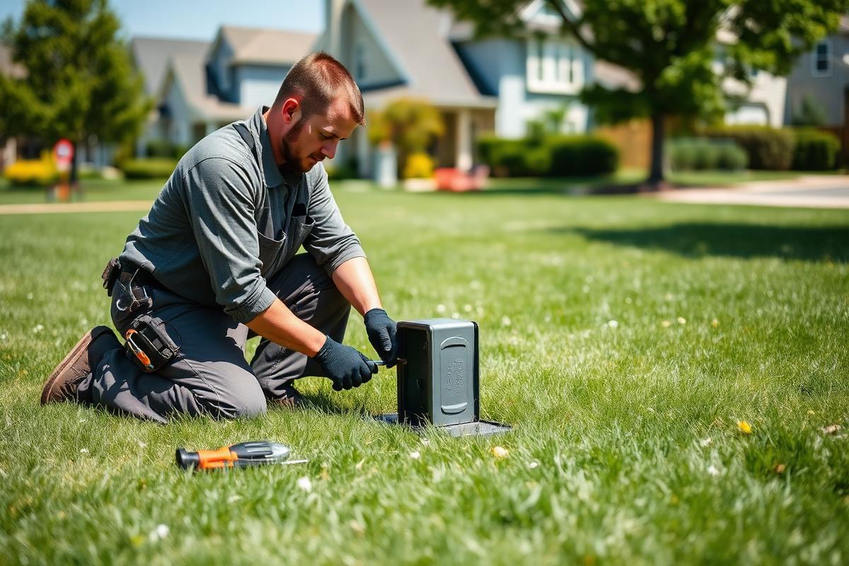 Technician testing an irrigation valve box at a Angleton, TX home in Brazoria County
