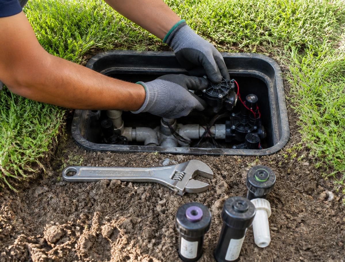 Technician repairing an irrigation valve manifold